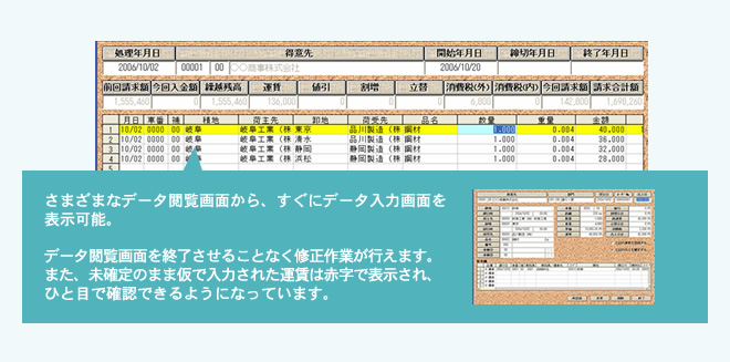 各種参照画面から終了することなく入力画面が表示できますので、元帳の表イメージに近い修正作業が行えます。また、未確定運賃は赤色で表示されますので、一目で把握できます。